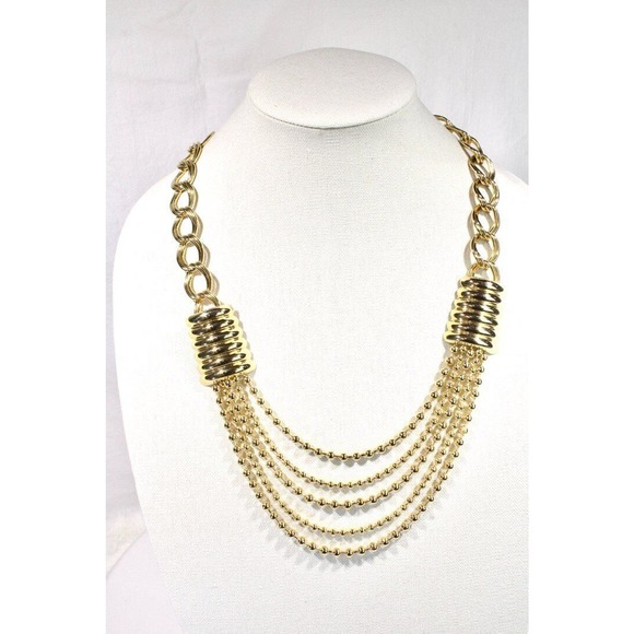 Stephan-Adrian Curb & Ball Chain Multi Strand Necklace Polished Gold Tone 25" - Picture 1 of 6